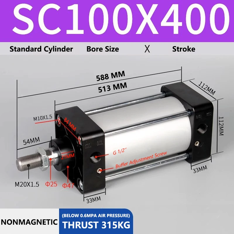 ABILKEEN SC100X400 Standard Pneumatic Cylinder 100mm Bore Size X 400 MM Stroke Double Acting Air Standard Cylinder