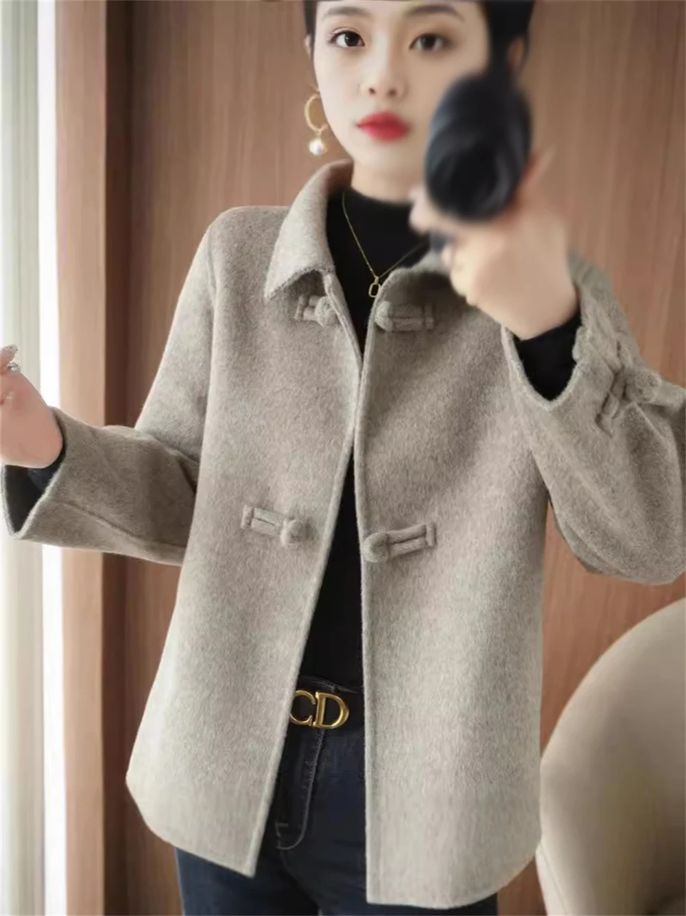 1pcs New Chinese Style Double-sided Cashmere Coat Women's Autumn Winter Doll Collar Short Temperament Elegant Woolen Coat Gift