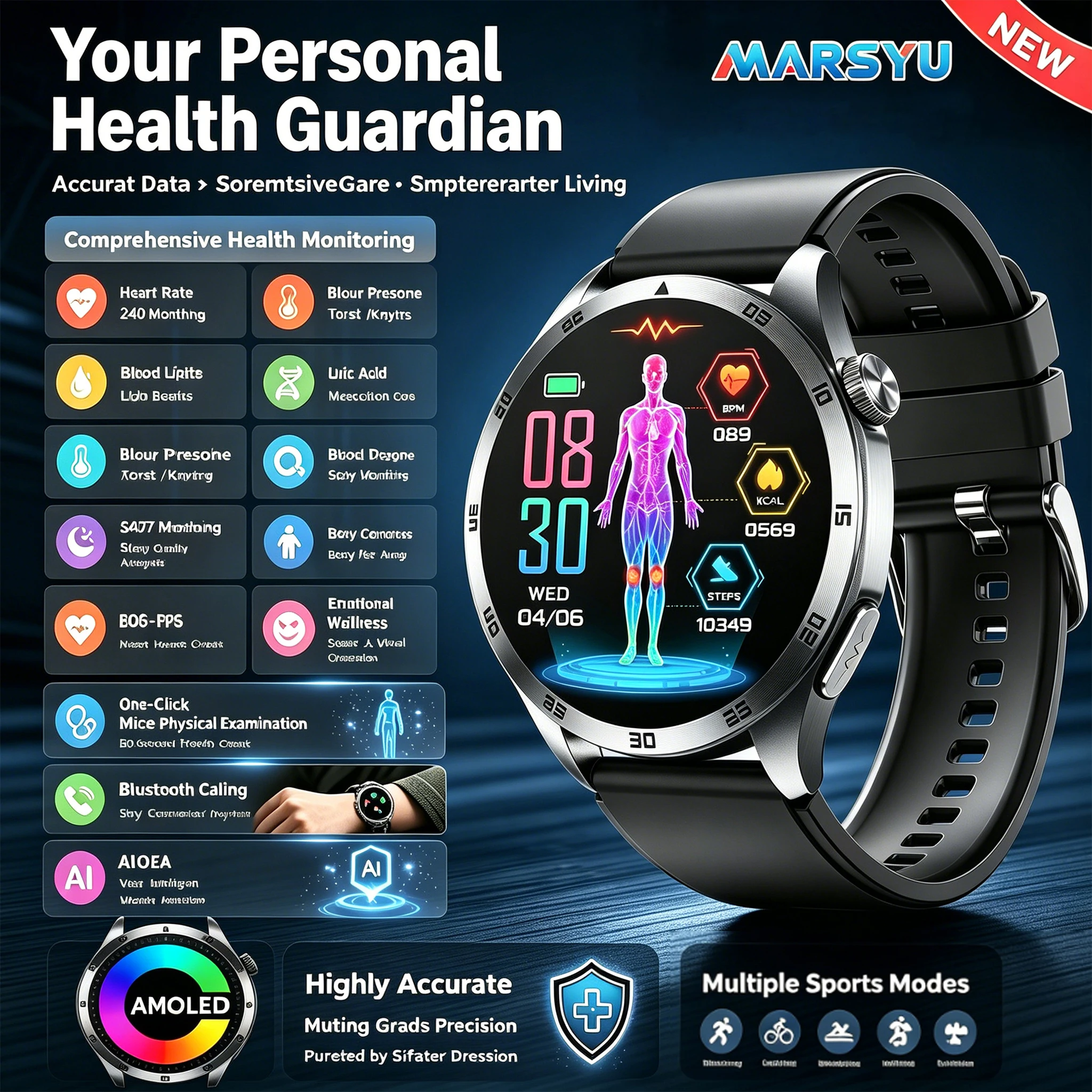 Image of Marsyu EKG+PPG Gesundheits-Smartwatch, Blutsauerstoff, Harnsäure, Blutdruck, HD-Bluetooth-Anrufuhr für iOS und Android, Männer und Frauen