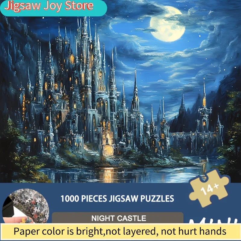 

Mini Jigsaw Puzzle - Enchanted Night Castle Theme, 14.96x14.96inch, Whimsical Nighttime Landscape with Illuminated Windows an
