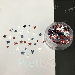 PrettyG 도매 레드 블루 화이트 믹스 스타 반짝이 모양 미국-미국 국기 색상 스팽글 반짝이 DIY 젤 네일 아트 장식