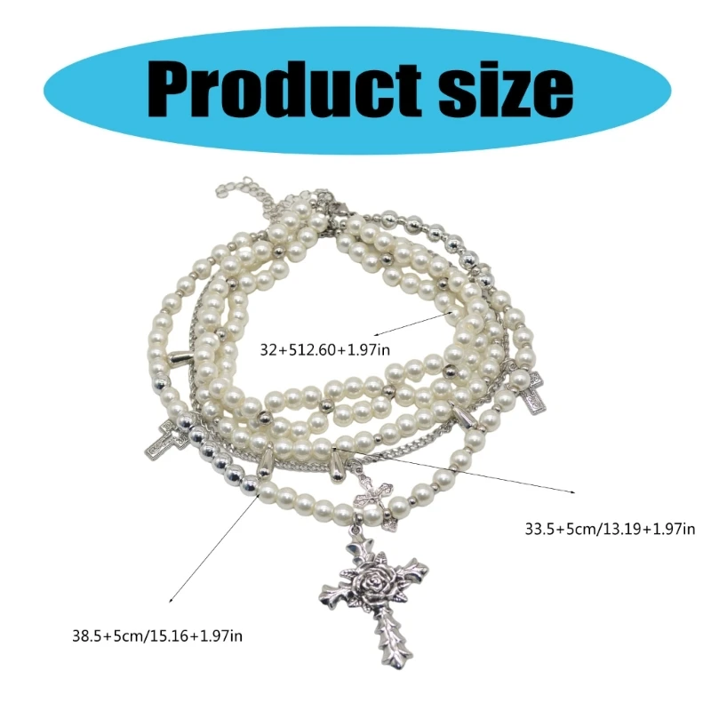 Vintage Pearls Multilayered Strand Choker Necklace with Sturdy Alloy Crosses Pendant Jewelry Accessory for Trendy Women