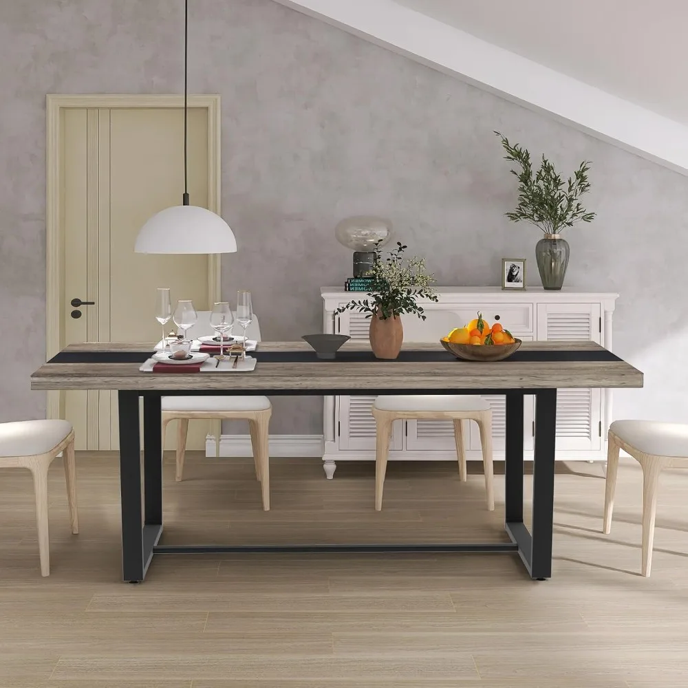 71" 6ft Large Dinner Table for 6-8, Rectangular Farmhouse Modern Kitchen Table – Black & Grey Industrial