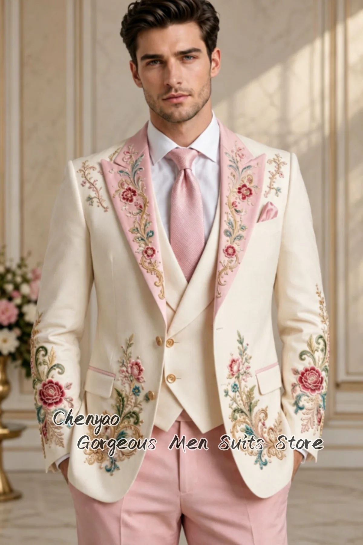 Elegant Floral Embroidery Matching Pink Contrast Men Suits Romantic Wedding Groom Tuxedo Custom Male Blazers 3 Pcs ropa hombre