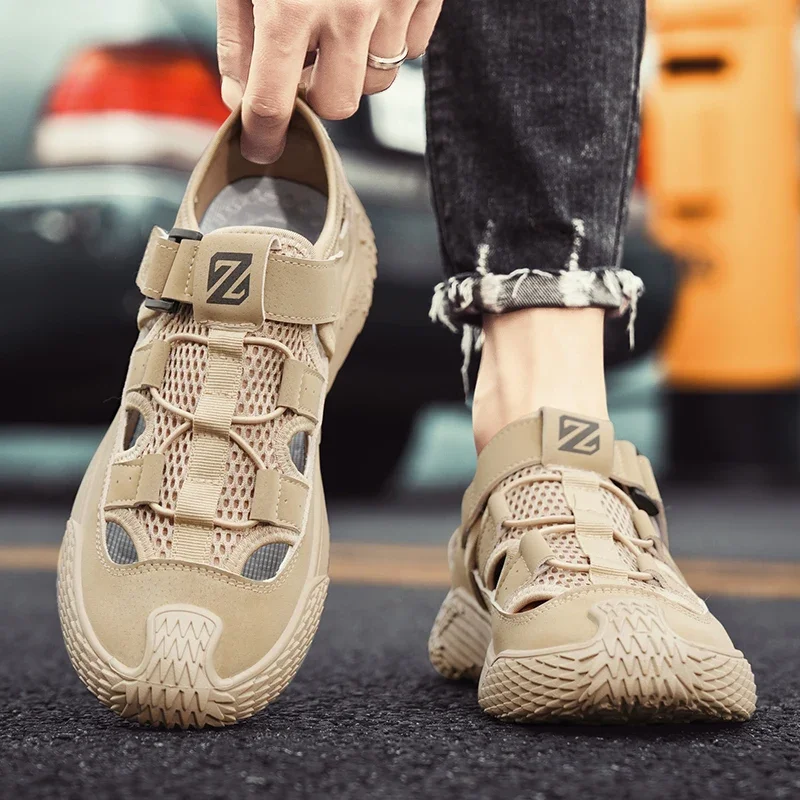 Leather Men\'s Shoes Summer Outdoor Hiking Shoes Breathable Non-slip Wear-resistant Mesh Shoes Soft Comfortable Casual Shoes