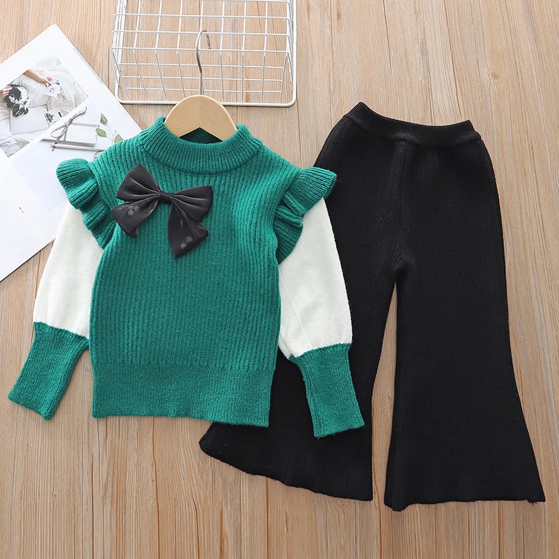 Childrens Sets Girls Sweater Knitting Two Piece Set Autumn Winter New Bow Knot Undershirt Round Neck Soild Patchwork