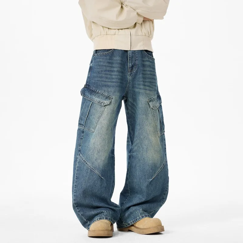 American Vintage Style Large Pocket Jeans New Fashion Men's Baggy Denim Pants Solid Color Loose Fit Male Trousers