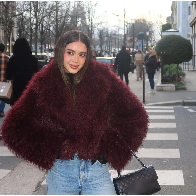 FRAYA LAB Chic Street Girls Round Neck Faux Mongolia Sheep Fur Coat Women 2025 Winter Fluffy Warm Fur Jacket Cropped Outerwear