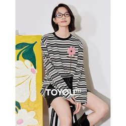 TOYOUTH Women Hoodies Sweatshirt 2024 Autumn New Striped Flower Embroidery Patchwork Long Sleeve O Neck Pullover Tops