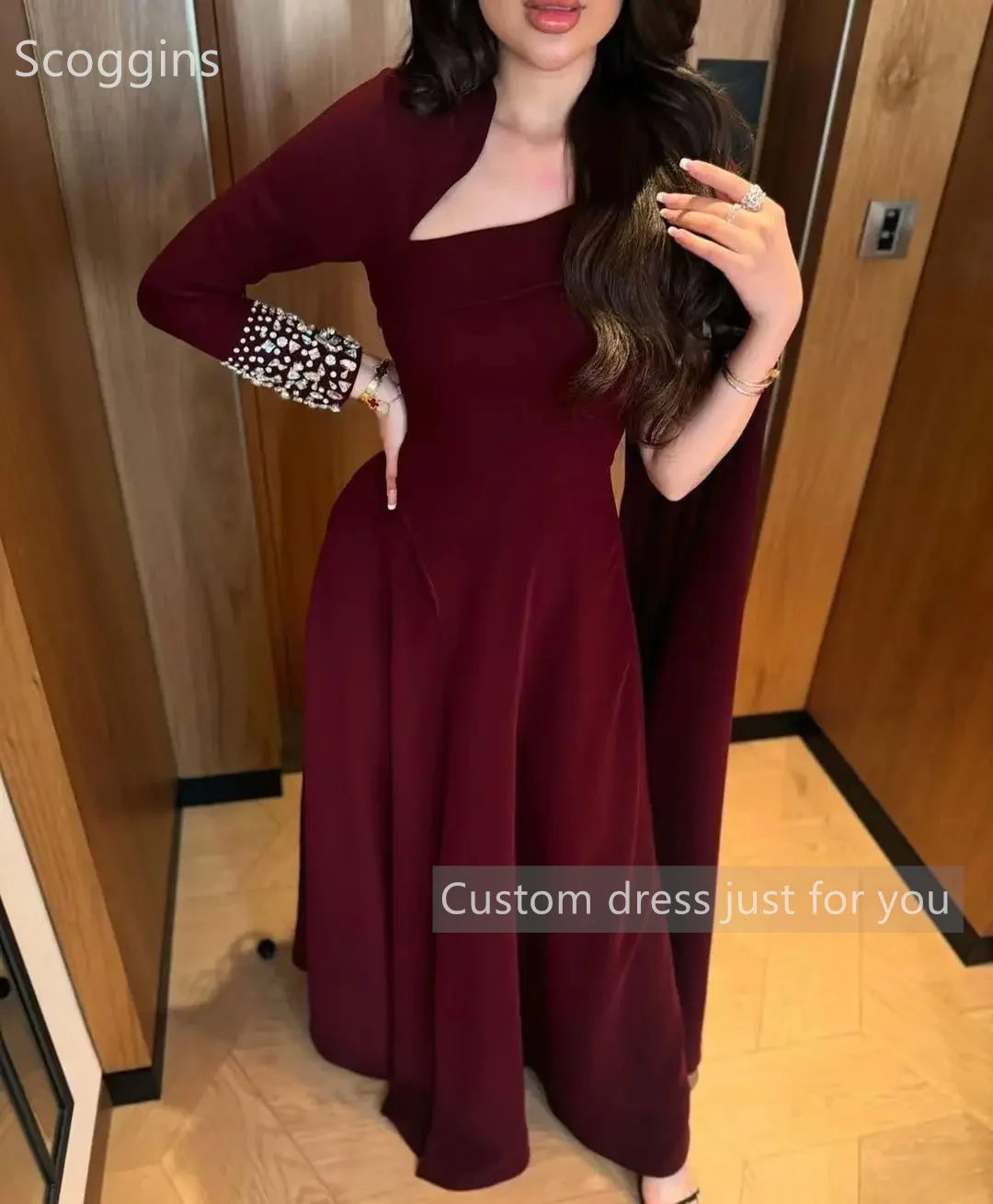 Scoggins فساتين سهرة Customize Evening Dress Luxury A-Line Beadings Floor-Length Zipper Up Long Sleeves Wedding Dress Cocktail