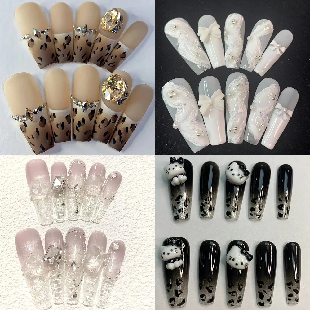 France 10Pcs Hello Kitty Press On Fake Nails Leopard Print 3D Rhinestone Nails Handmade Korean Nail Full Cover Acrylic Nail Tips