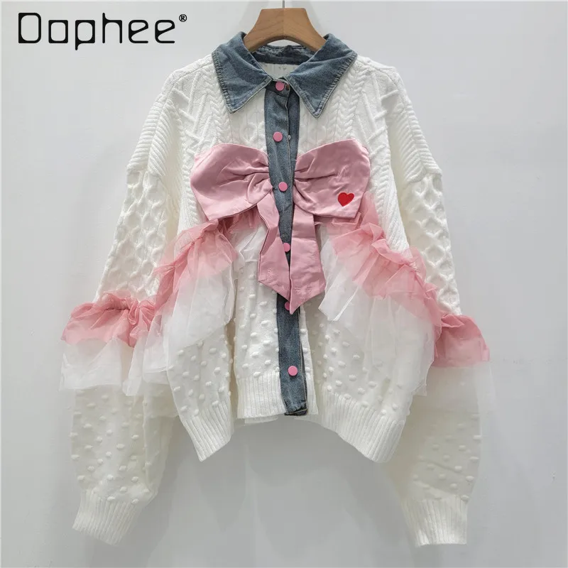 

2025 Autumn Winter New Knitted Sweater with Lace Patchwork Long Sleeve Versatile Loose Bow Sweater Coat