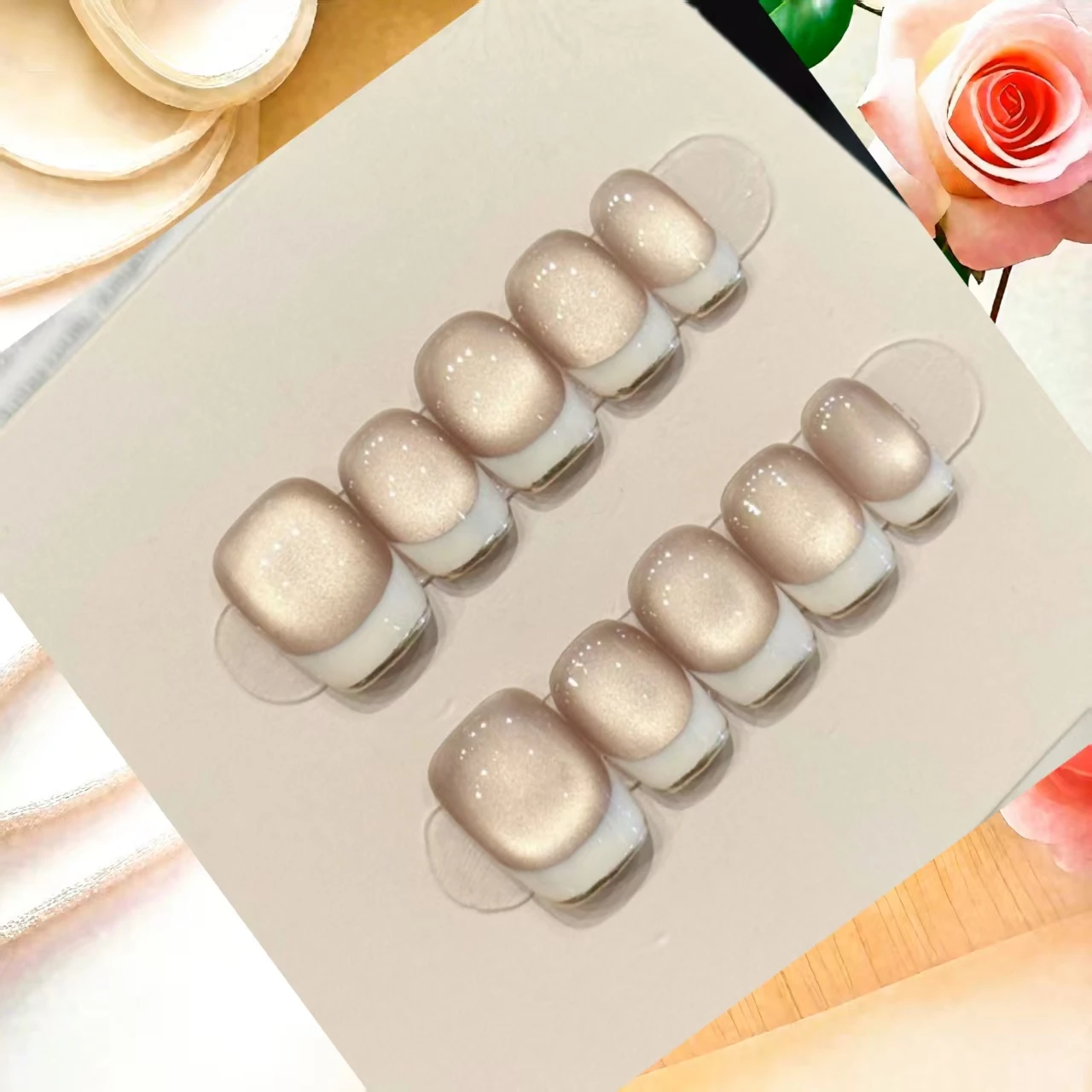 10個入り 高級手作りネイル ピーチミルクゼリー フレンチチップ ショートデザイン ガラスビーズ キャッツアイ ヌードカラー 美白効果 4点セットツール付き