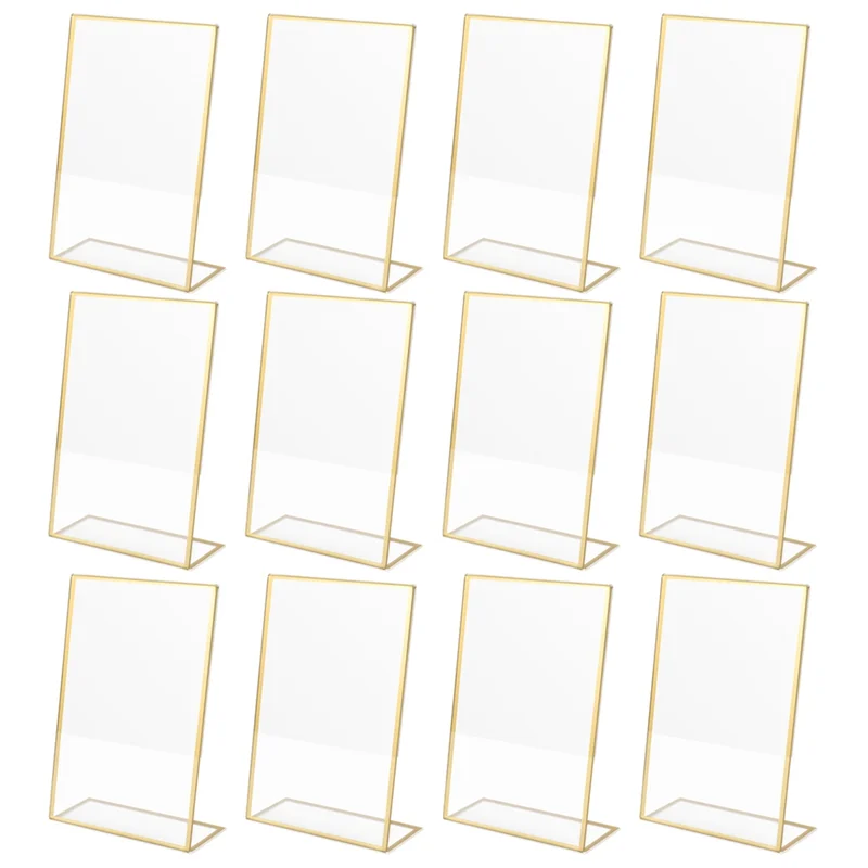 

KYCOR-12Pcs Acrylic Sign Holder,Double Sided Gold Photo Frame With Vertical Holder,Wedding Table Number Holder,Menu Holder