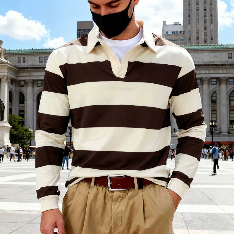 

Men's Long Sleeve Rugby Polo Shirt Striped Collar Casual Top Multi-Color