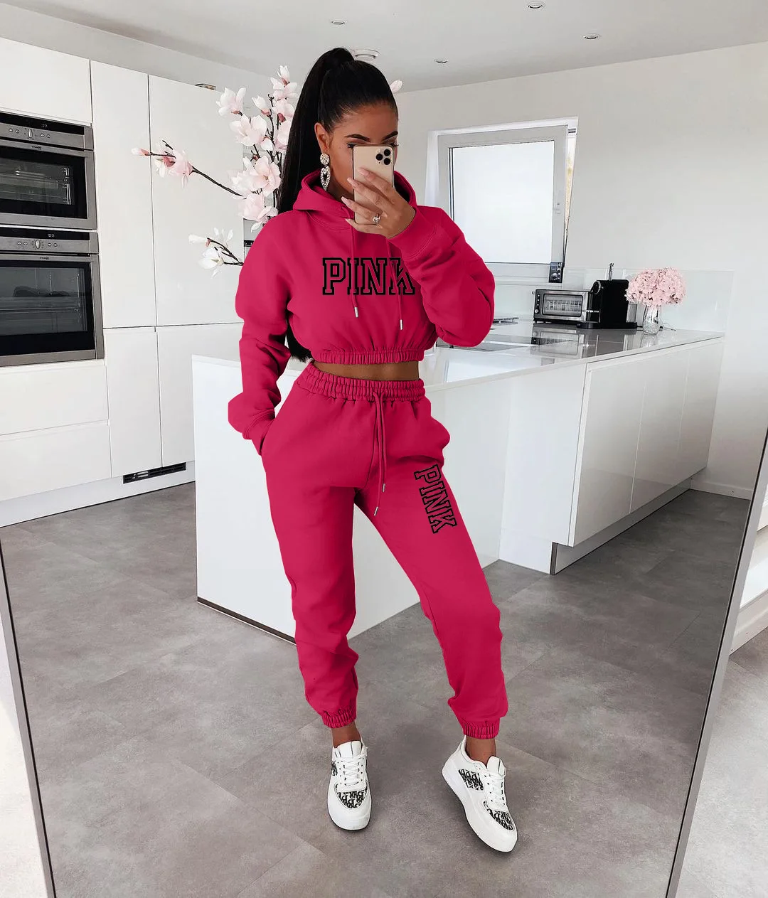 Conjunto de 2 peças feminino roupa rosa carta impressão gola alta hoodies moletom calças agasalho streetwear novo moletom + calças joggers