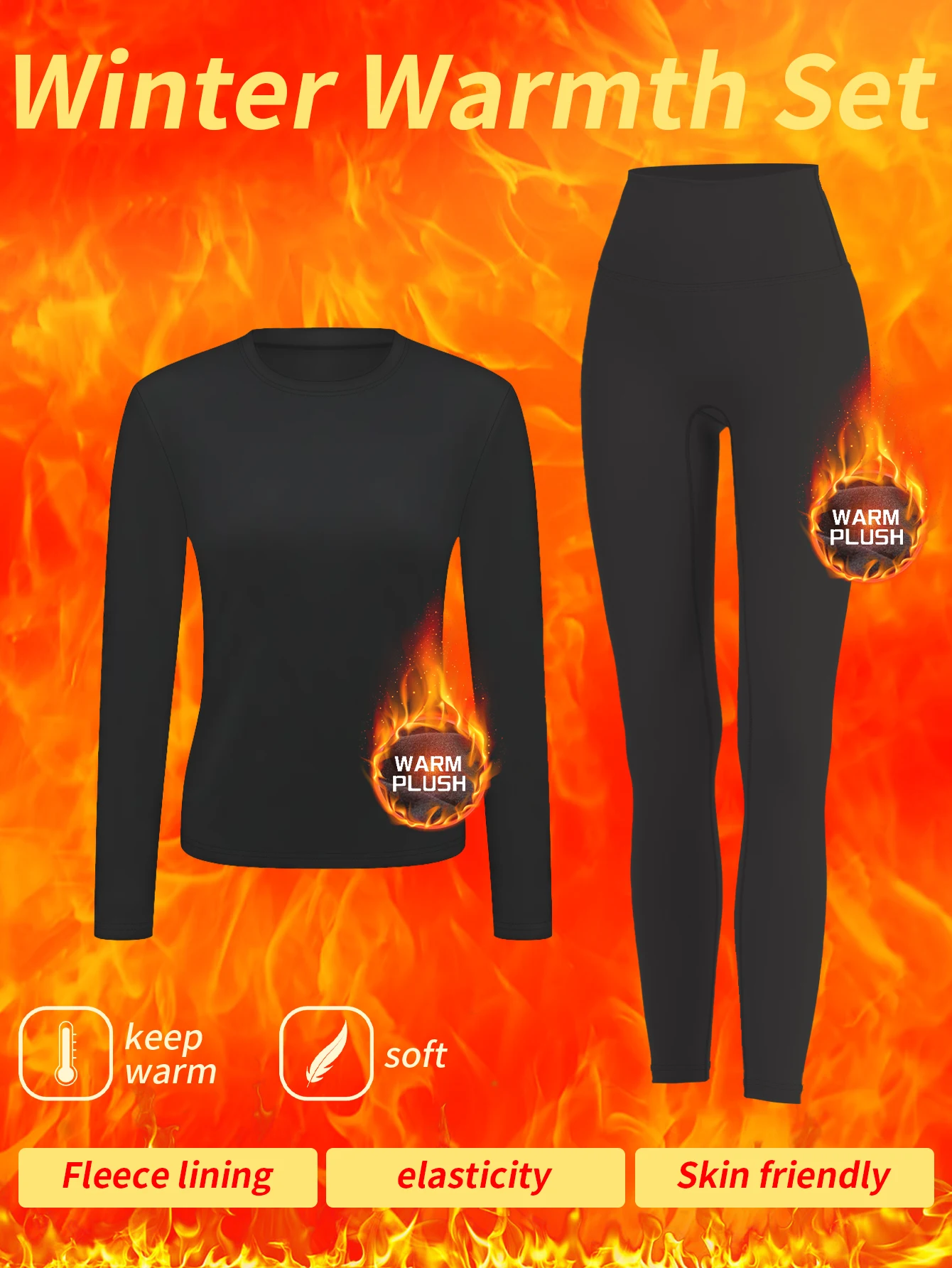 Autumn and winter women's fleece thermal underwear set, comfortable high-waisted leggings and top, yoga, winter ski sportswear