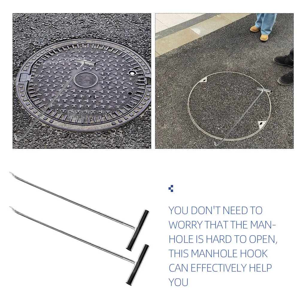 2Pcs Stainless Steel T Shape Manhole Cover Hook Heavy Duty Lifting Tool for Drain Covers Grates Sewer Access Doors Utility