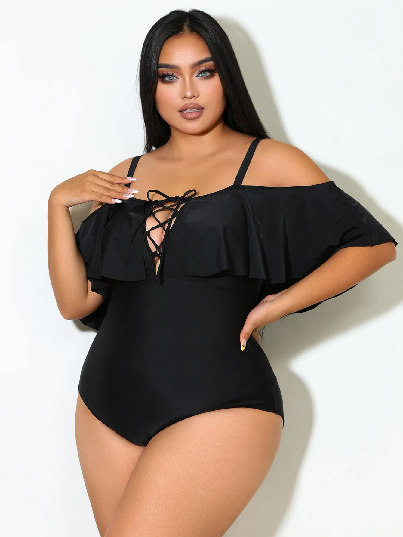 Plus Size One Piece Women Swimsuit Off Shoulder Ruffle Drawstring Tummy Control Bathing Suit Sexy Curvy Push Up Swimwear