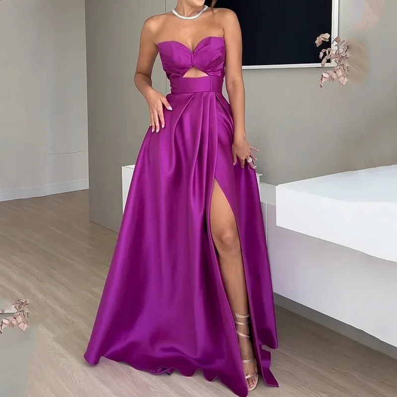 Vestido de noche de graduación moderno y sexy, sin tirantes, de satén, con abertura alta, tren de barrido, sin mangas, vestido de invitados de boda, personalizado gratis 2025