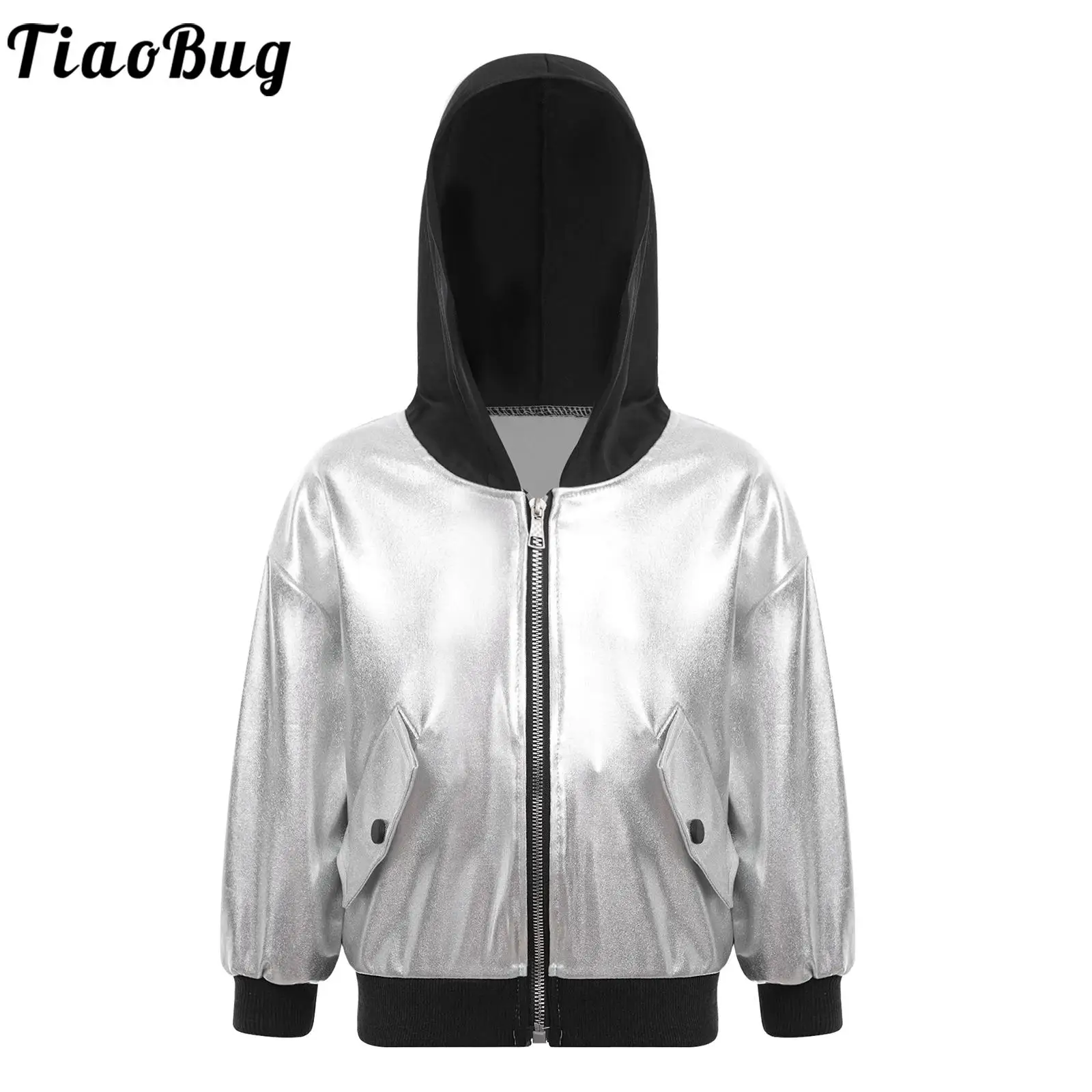 Autumn Kids Girls Fashion Metallic Zipper Hoodie Letter Printed Back Jacket with Pockets Shiny Long Sleeve Hooded Sweatshirt