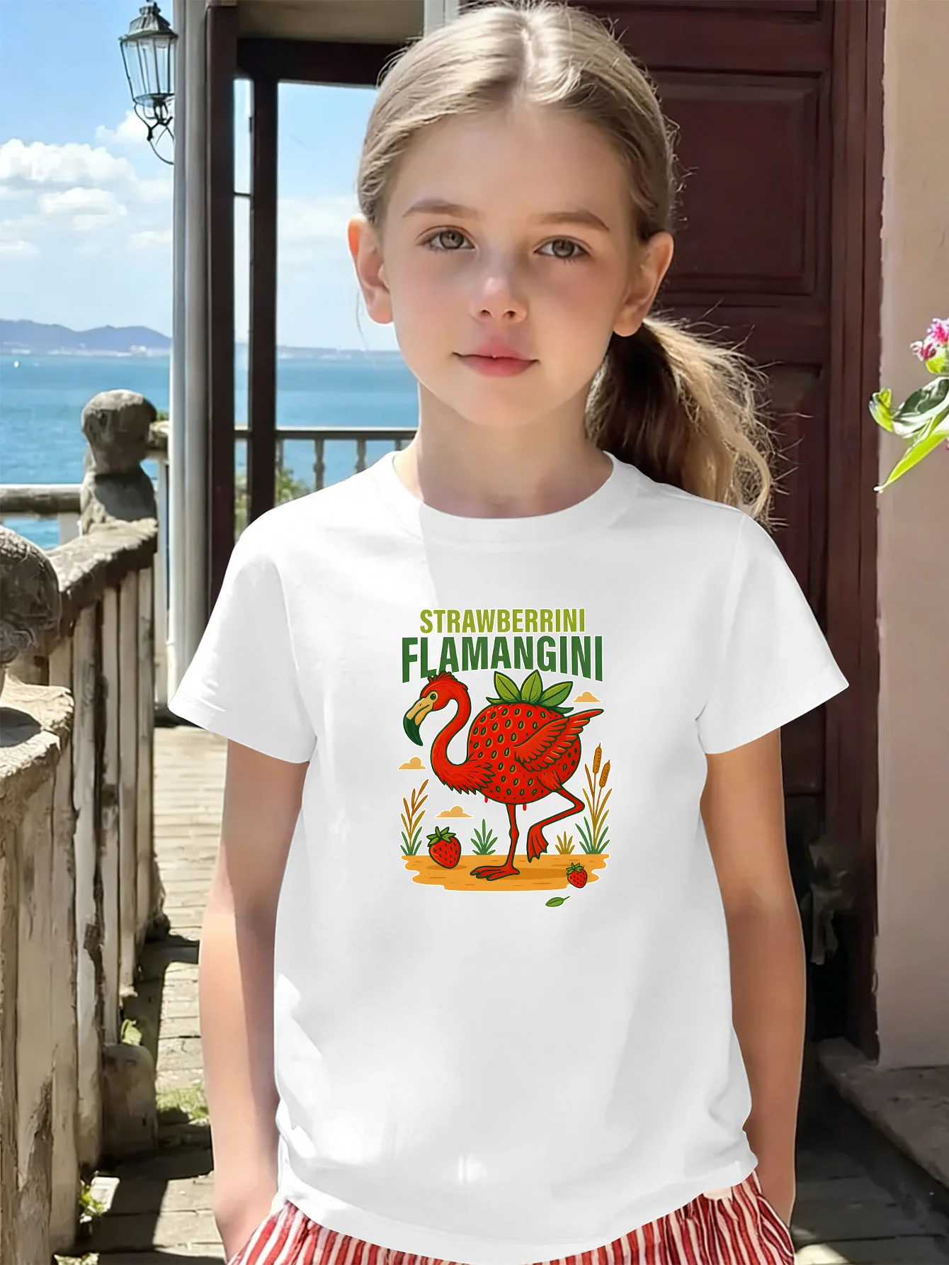 Strawberry Flamingo Cartoon Letter Print Kids T Shirt Boys Girls Short Sleeve Cotton Family Matching Toddler Daily Casual Tops