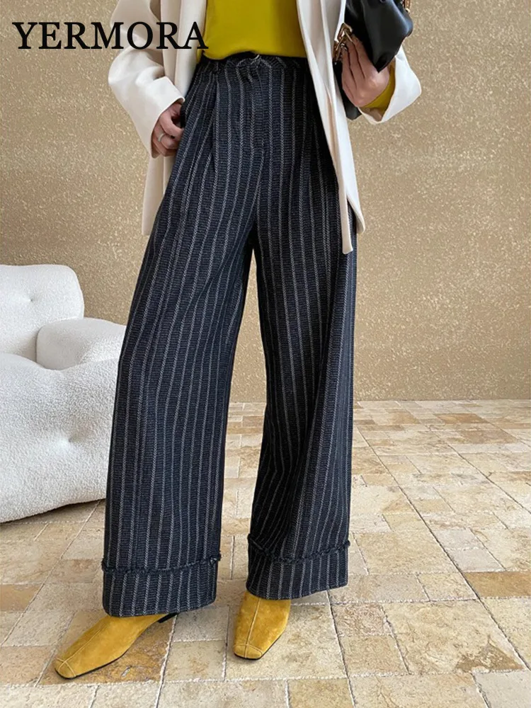 YERMORA Striped Contrast Color Pants For Women Straight Wide Leg Trousers Fashion Tassel Design Clothing 2024 Winter New