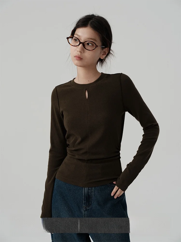 

Veega Chic Autumn Winter Slim Fit Long Sve Hollow out Base irt Fine Stripe Design Cotton Polyester Blend round Ne T-irt