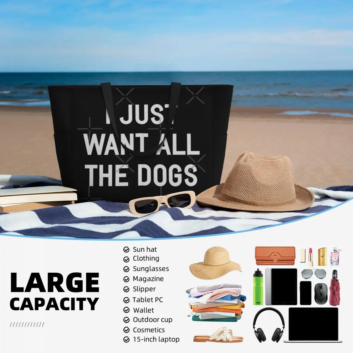 I Just Want All The Dogs Beach Travel Bag, Tote Bag Modern Large Capacity Daily Shoulder Bag Multi-Style Pattern