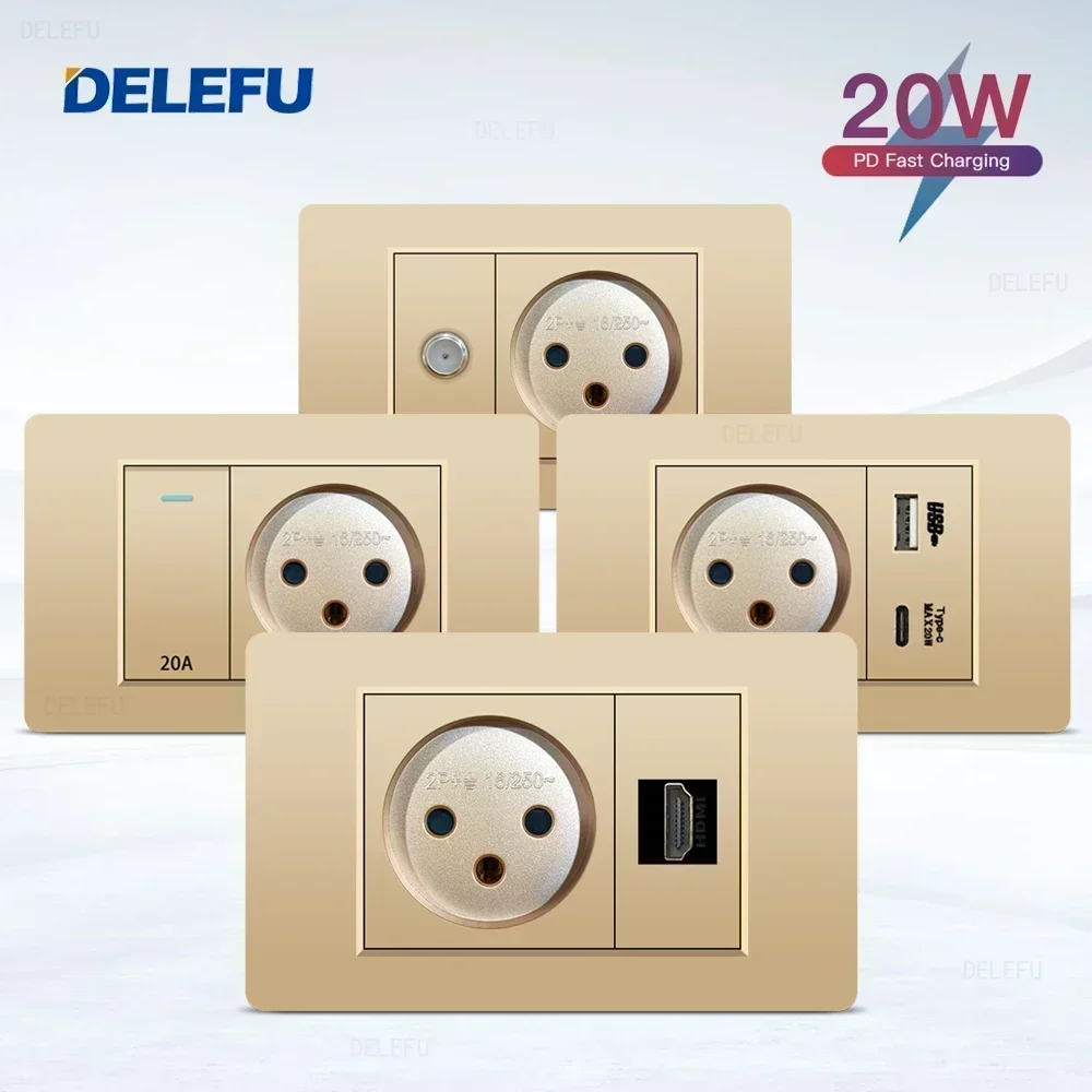 

DELEFU Gold Retardant PC Israel USB Type C Настенная розетка для быстрой зарядки Tuya Wi-Fi Smart Switch Sat TV Tel Дверной звонок Занавеска