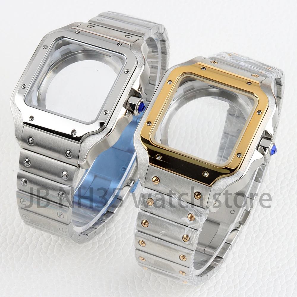 Silver/Gold 38mm Watch Case 21mm Strap 316L Stainless Steel Watchband Waterproof for Santos 27mmDial NH35 NH36 NH38 Movement