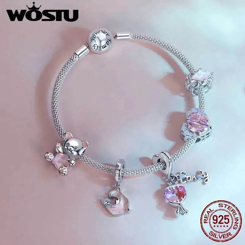 WOSTU 925 Sterling Silver Pink Dreamy Bear Heart Bead Candy Charms Dolphin Pendant Fit DIY Bracelet Necklace Girl Birthday Gift