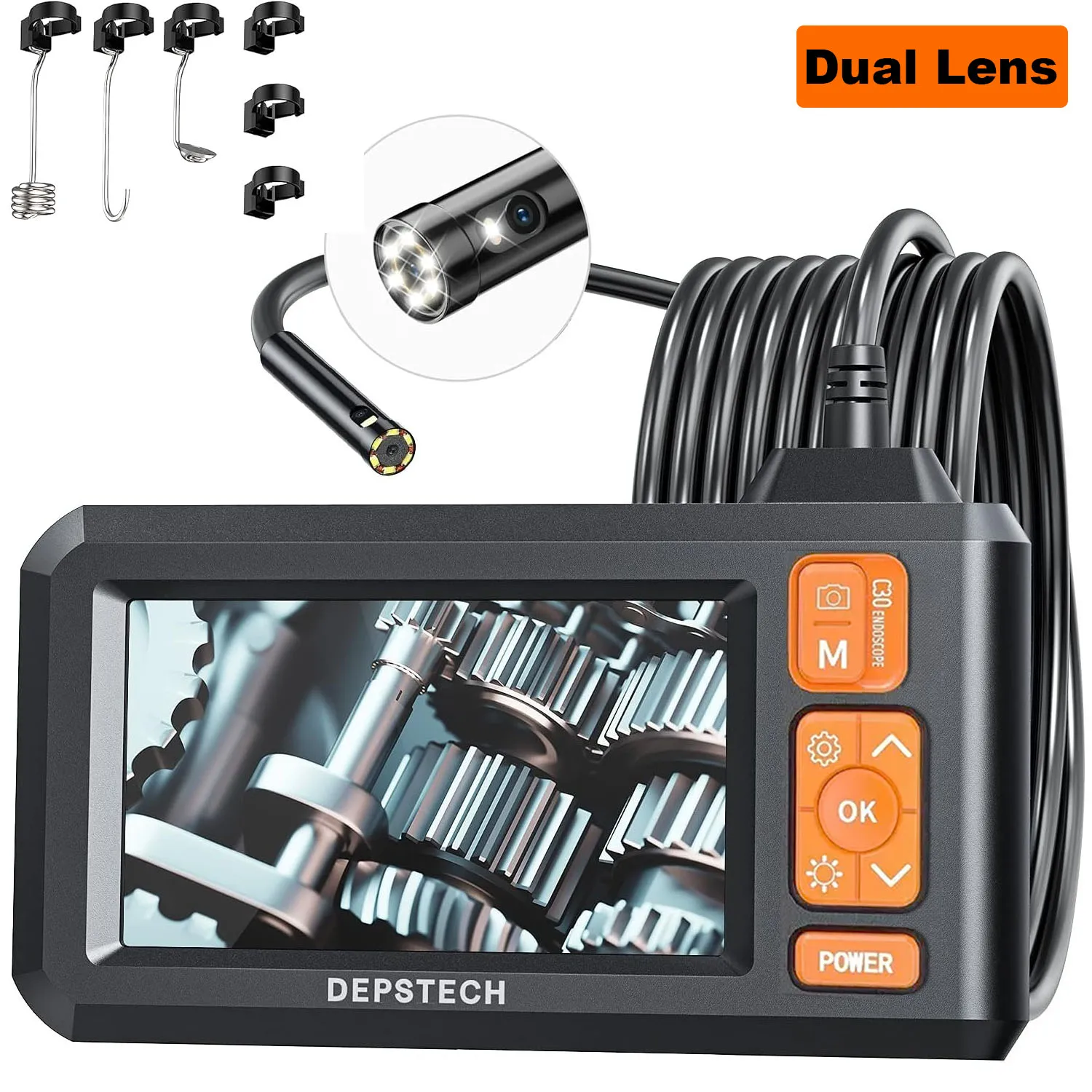 

Промышленный эндоскоп с двумя объективами, цифровая камера для осмотра бороскопа 1080P, ЖК-экран 4,3 дюйма, 7 светодиодных фонарей, полужесткий кабель 16,5 футов