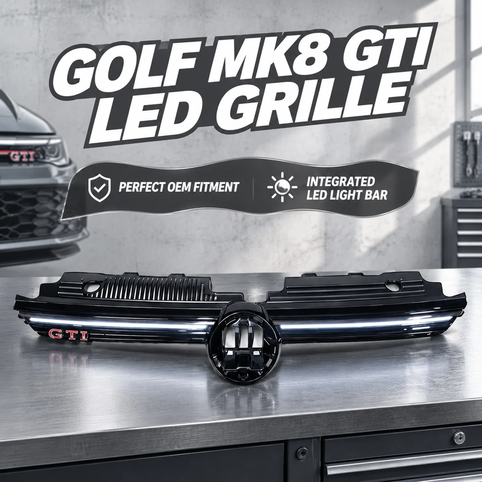 For Volkswagen Golf 8 2019-2024 R-Line Front Bumper Grille LED Illuminated Sport Grill Replacement Glossy ABS Exterior Trim Front Fascia Upgrade Panel Direct Fit Accessory Easy Install Durable Design