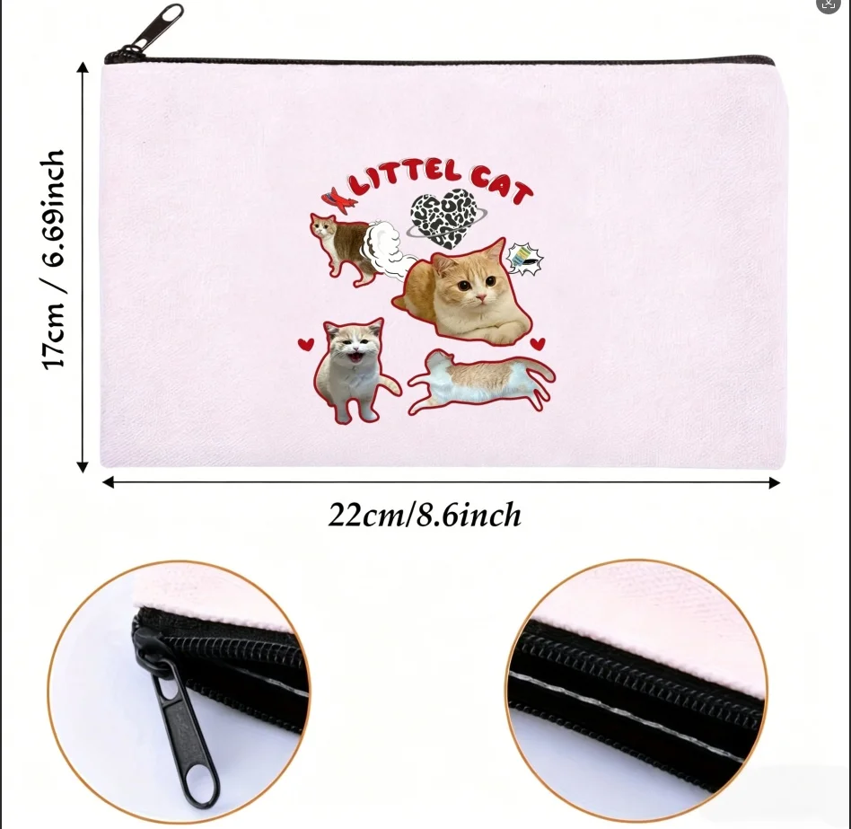 1pcVarious Poses Fluffy Cat Leopard Heart Text Canvas Cosmetic Pouch Lightweight Daily Travel Skincare Storage Zipper Bag