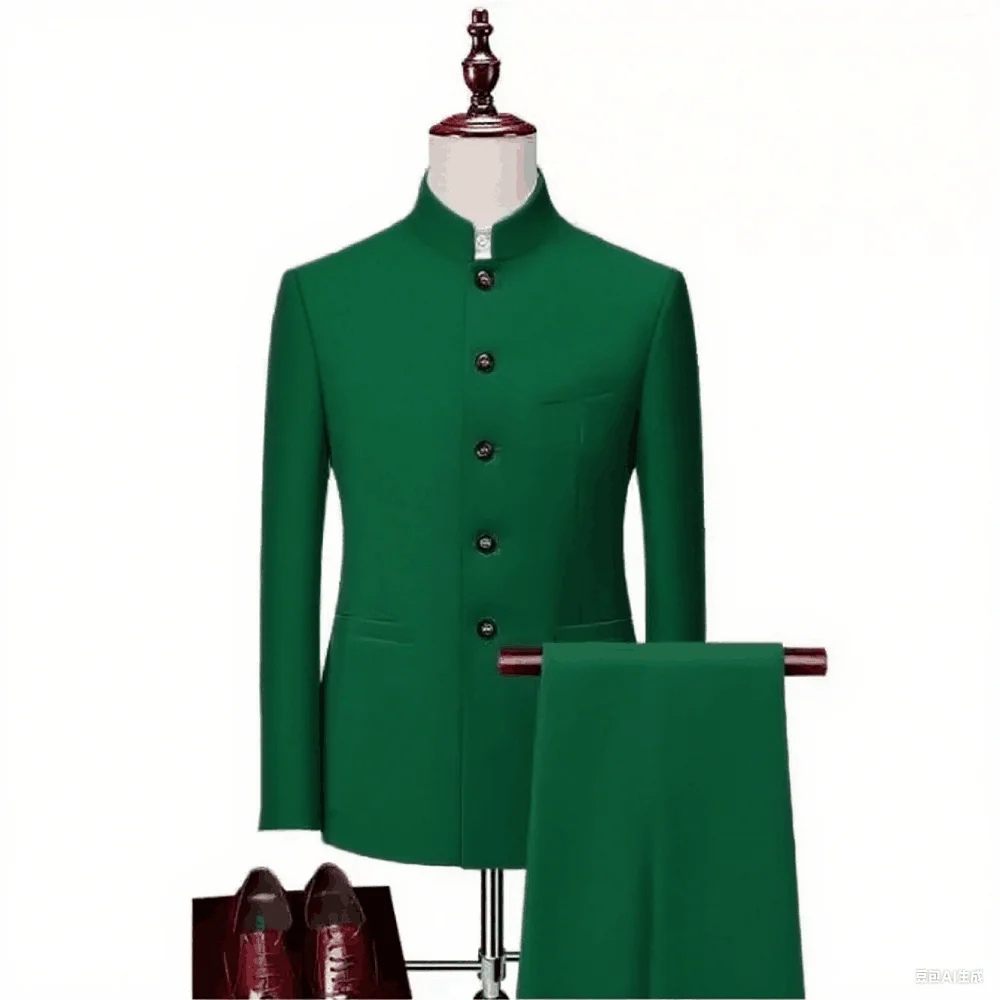 

Классический комплект из 2 предметов, мужские костюмы в китайском стиле, приталенный воротник-стойка, свадебные смокинги для жениха, комплекты курток и брюк