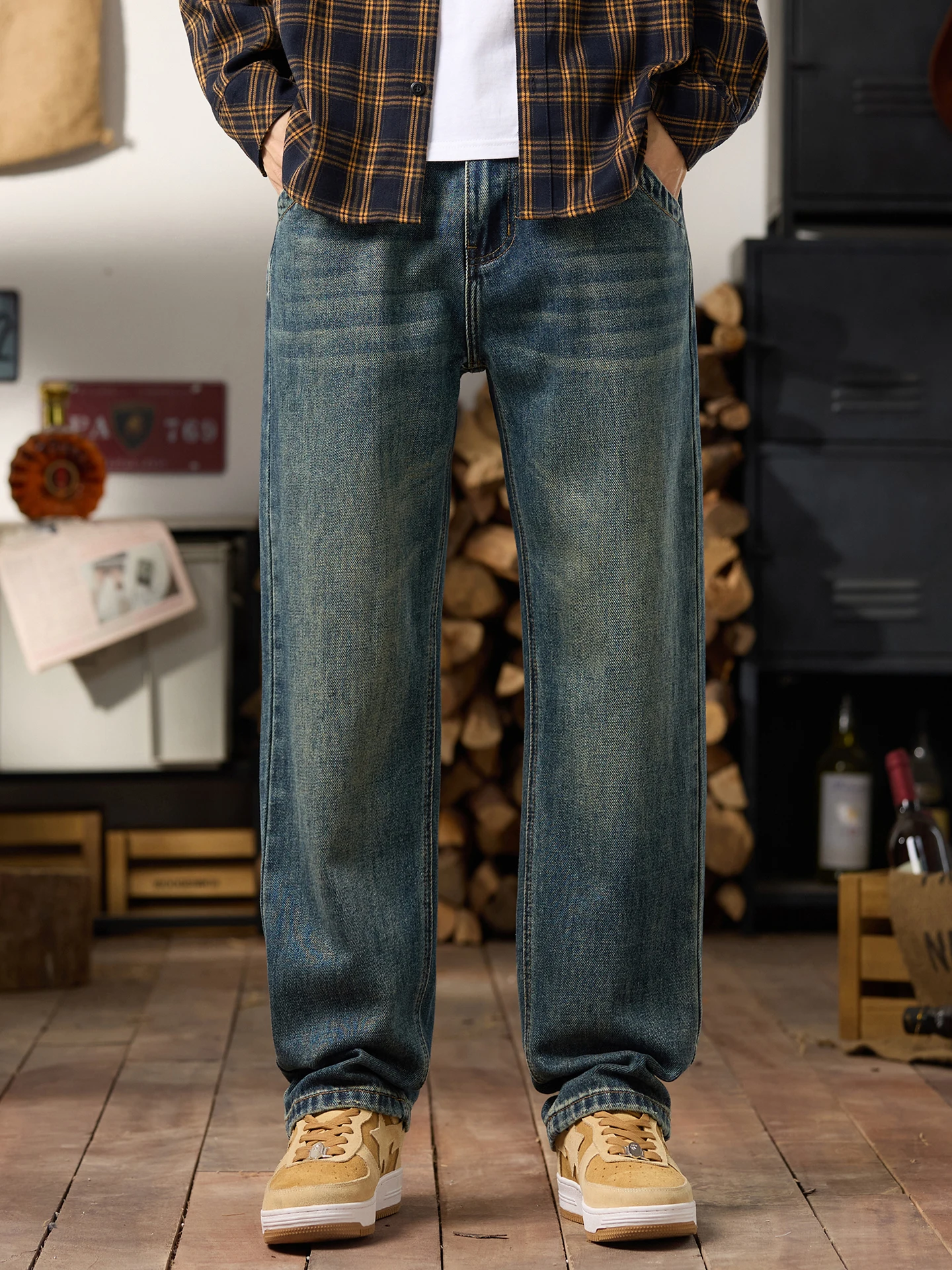 

Retro Washed Denim Jeans Men's High-End Trendy Straight Casual Pants American Vibe Style Pants Autumn Outfit Elastic Waist