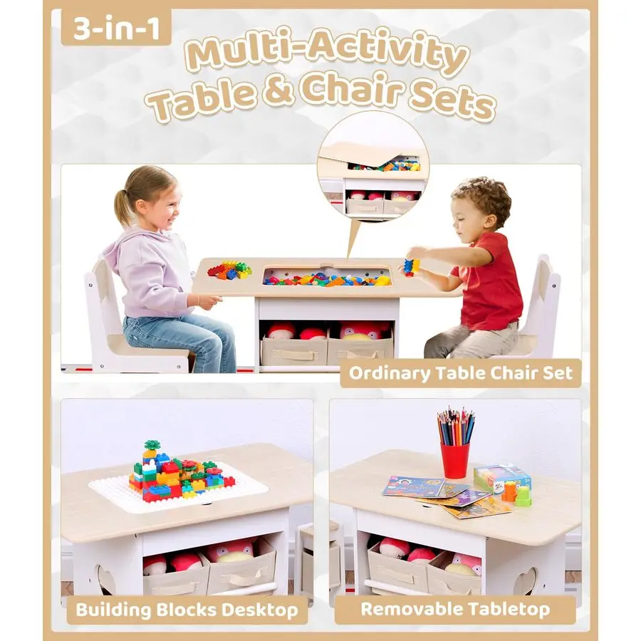 Table and 2 Chairs Set 2in1 Plastic Building BlocksCompatible Activity, with 6 Storage Bins Boxes, Childrens Furniture, Gift for