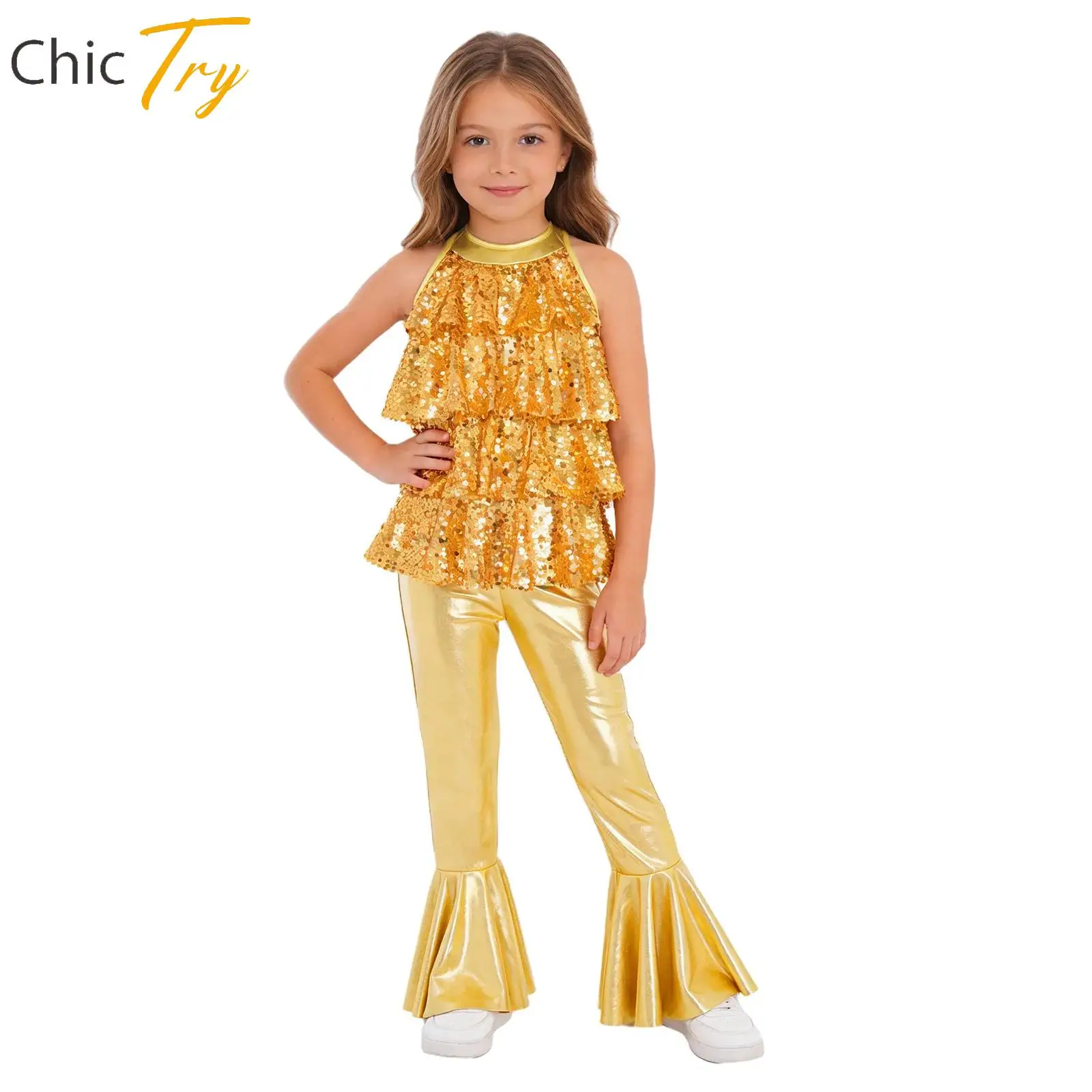 

Kid Girls Disco Latin Jazz Dance Jumpsuit Halter Sleeveless Shiny Sequin Ruffles Bodysuit Ballroom Cha-cha Tango Samba Dancewear