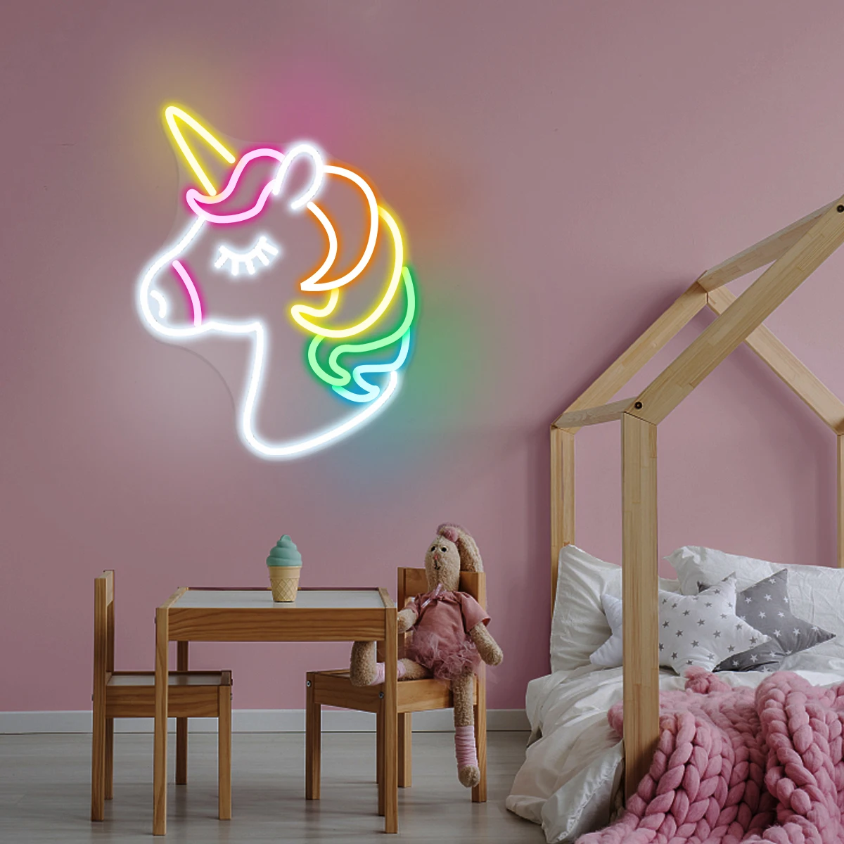 Letrero de neón de Anime con patrón de poni de unicornio, letras en forma de corazón, letrero de neón artístico, letrero de luz de amor de boda