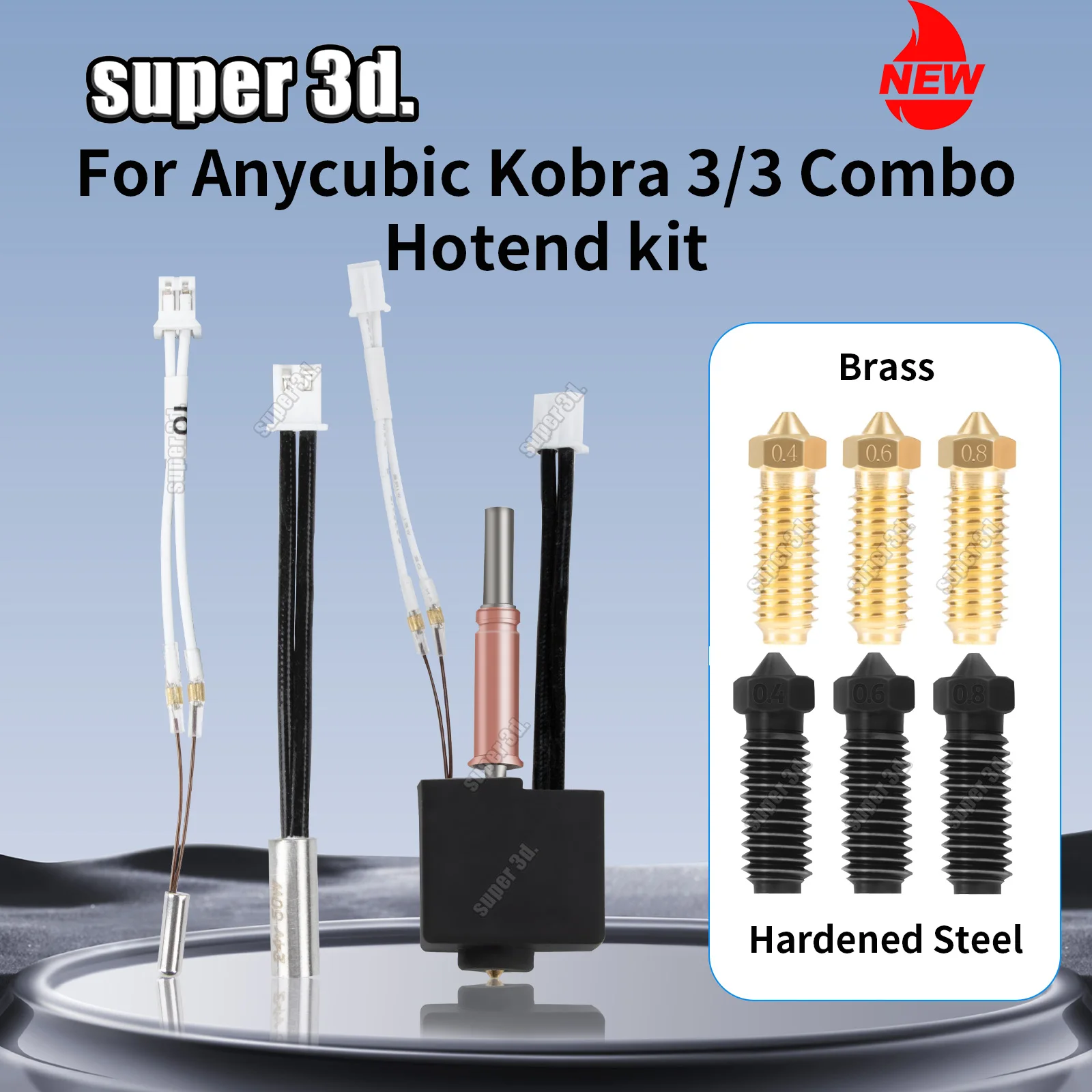 2024 Anycubic Kobra 3 Hotend Thermistor Throat Nozzle PEO PET Kobra 3 3D Printer Parts Upgrade Kit 0.4 0.6 0.8MM Brass Nozzles