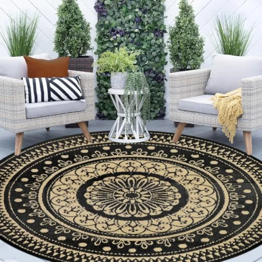 

Round Outdoor Patio Rugs 10Ft for Deck Porch Picnic BBQ, Waterproof Reversible Plastic Straw Rugs in Blue, Lightweight Portable