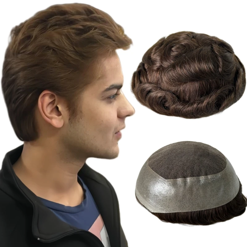 

Индийские девственные человеческие волосы # 4 коричневых цвета, ширина 8x10, парик из искусственной кожи, 32 мм, волнистый центральный кружевной парик с поликожами для белого человека