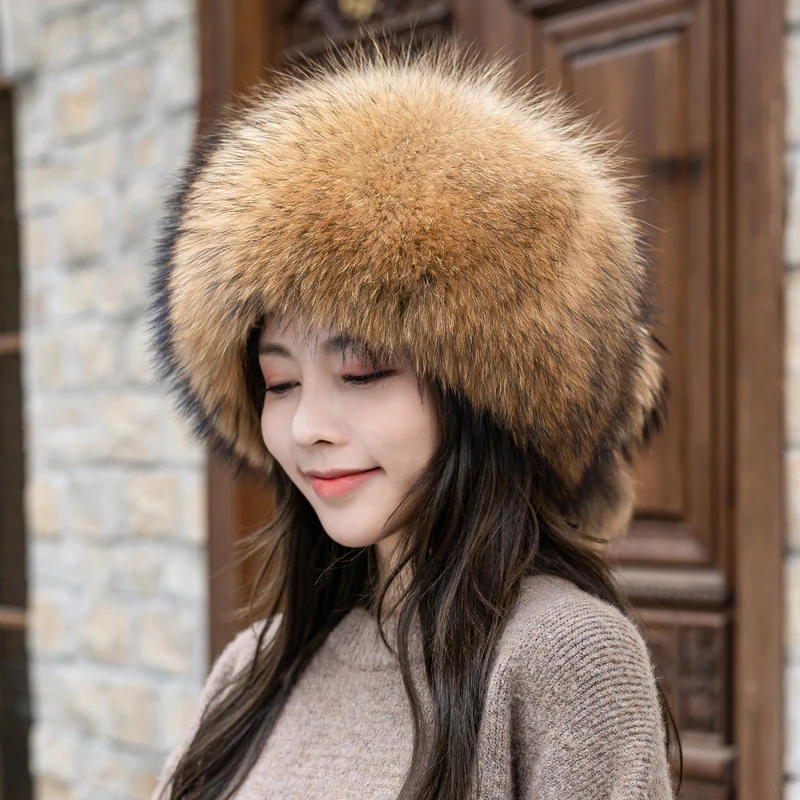 

Winter Real Fox Fur Hat Women Natural Raccoon Hats Russian Outdoor Ski Thicken Warm Bomber Ears Caps Girl Gift