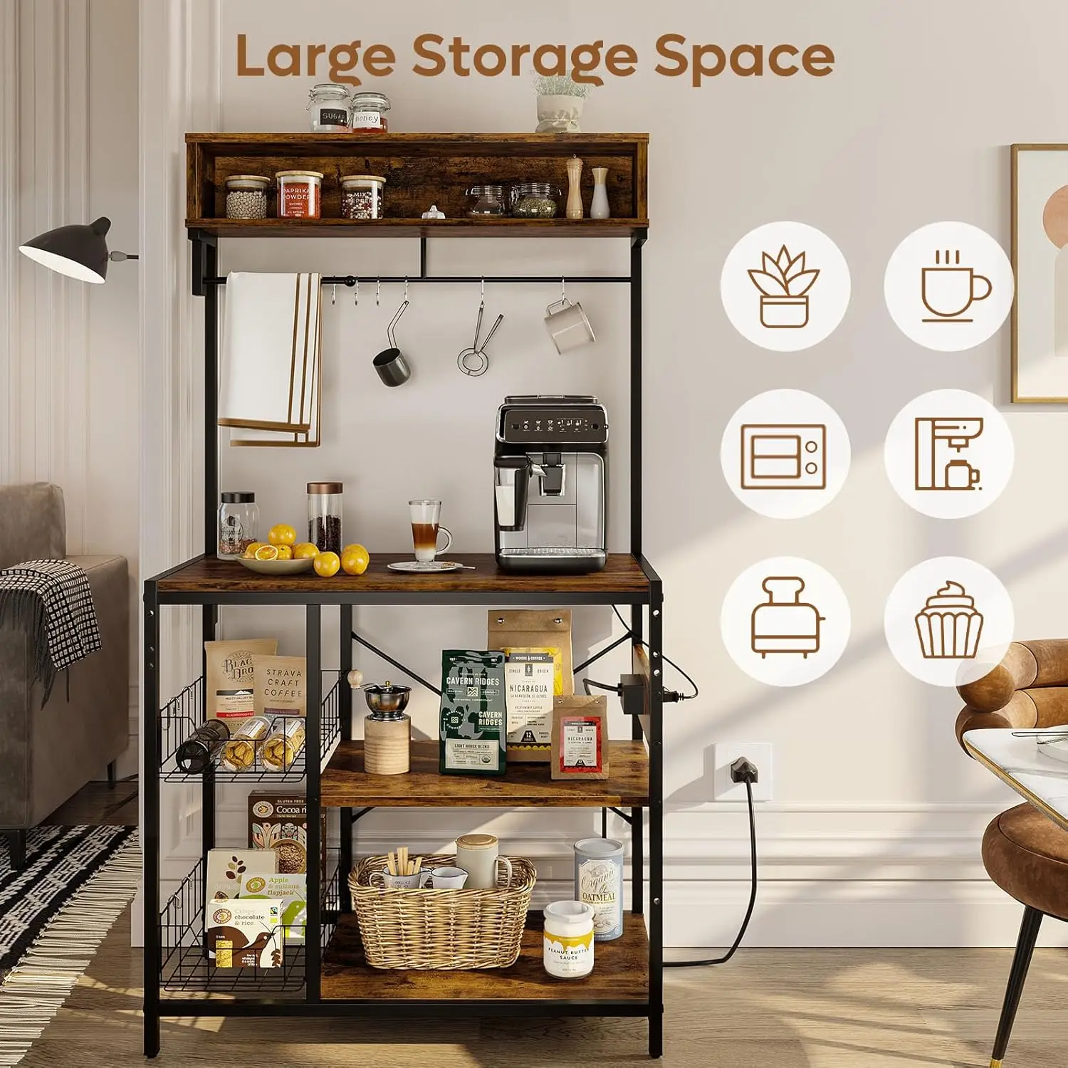 Rack with Power Outlet, 5-Tiers Microwave Stand with Storage, Coffee Bar with Paper Holder & Wire Basket