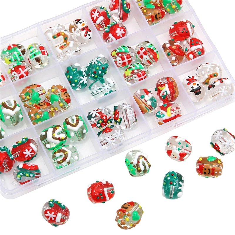 1pc 14x16mm Christmas Lampwork Beads Hand Painting Snowman Santa Claus Pattern Spacer Loose Beads Diy Jewelry Making Accessories