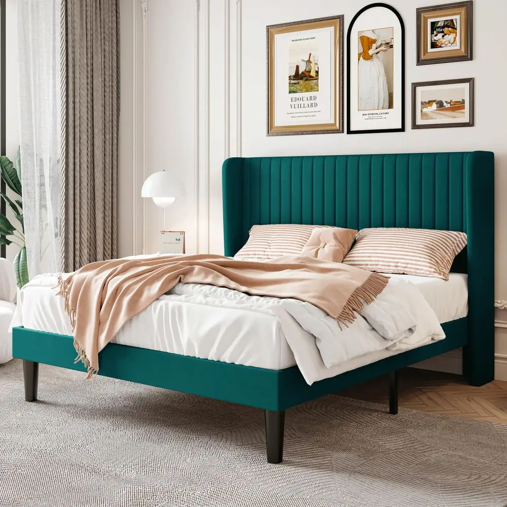 

Кровать CERLIN Queen Size с бархатным покрытием, изголовьем с вертикальной стежкой и боковыми ушками, мягкая кровать-платформа с деревянными ламелями, N