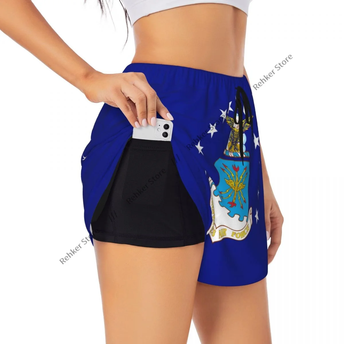 Pantalones cortos deportivos de secado rápido de doble capa para mujer con bandera de la Fuerza Aérea de EE. UU. para ocio al aire libre, correr, Fitness, entrenamiento, deporte