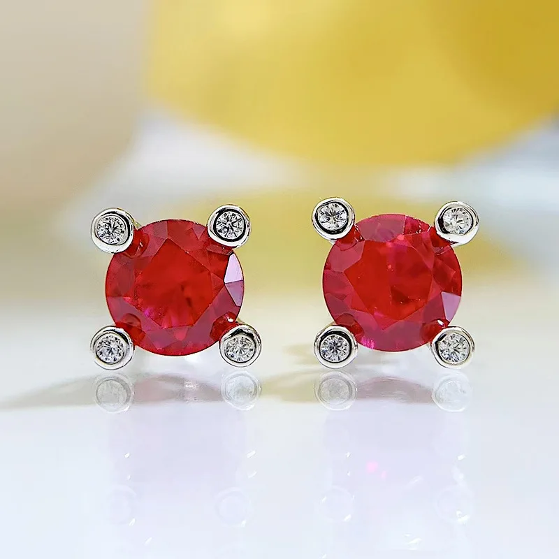 2024 new 1ct pigeon blood red earrings with high carbon diamond European and American retro s925 pure silver earrings for women