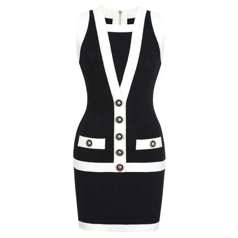 

Quality Women's Knitted Short Sleeveless Elastic Slim Fit Bodycon Dress Summer New Style Button Detail Popular Commute Style